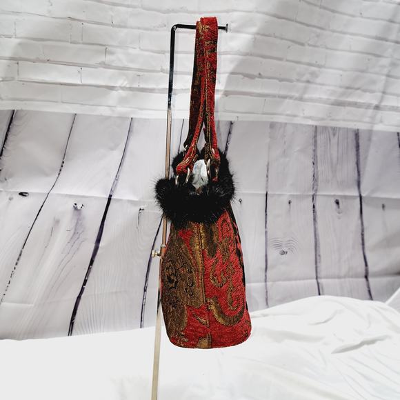 Boho Rich Red Gold Tapestry Hand Bag Rabbit Fur Pompom around top Snap closure - Picture 3 of 13